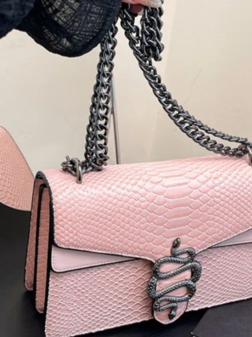 Pink Textured Shoulder Bag with Chain Strap